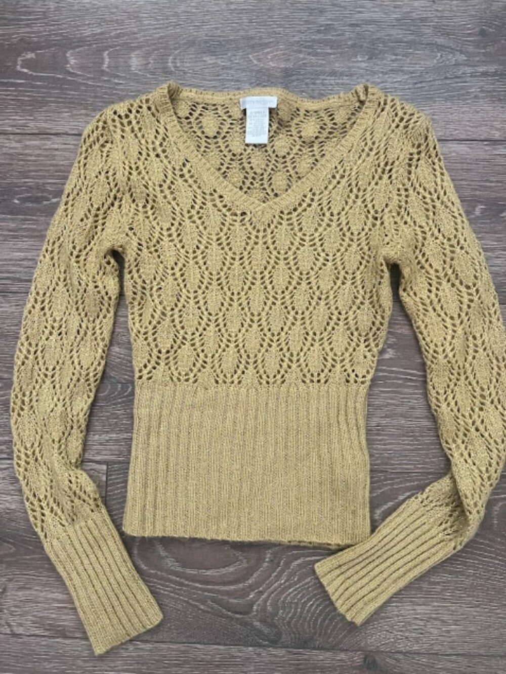 Worthington Gold Open Crochet Knit Pull Over V-Neck Sweater Size X-Small XS